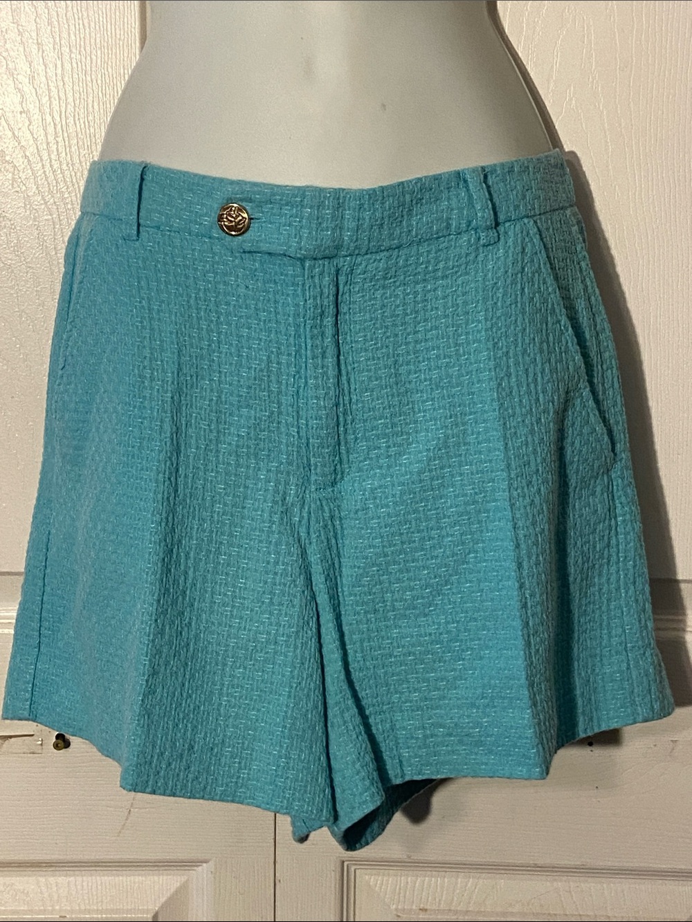 Draper James Aqua Textured High-Rise Shorts with Gold Button sz 12